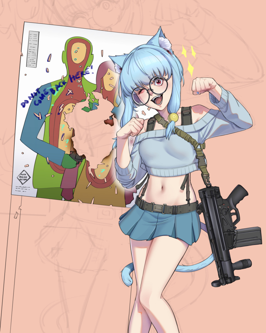 absurdres animal_ears artist_name battle_rifle blue_hair blue_nails blue_sweater cat_ears cat_girl cat_tail cowboy_shot cropped_sweater english_commentary english_text fangs female glasses gun gun_sling h&k_hk51 highres keiko_(puto_trash) looking_at_viewer midriff off-shoulder_sweater off_shoulder one_eye_closed open_mouth original paw_pose pleated_skirt puto_trash red_eyes rifle round_eyewear sidelocks silhouette_target skirt sweater tail target teeth weapon