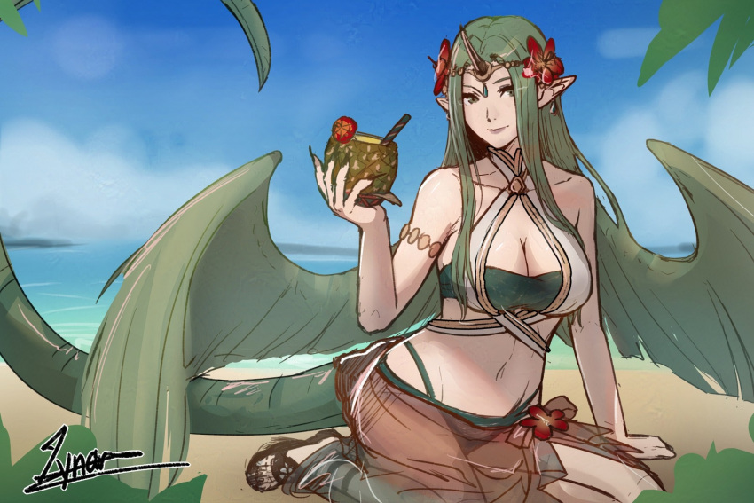 artist_name beach bikini cm_lynarc coconut_cup female fire_emblem fire_emblem_echoes:_shadows_of_valentia flower green_bikini green_eyes green_hair hair_flower hair_ornament halterneck highres holding long_hair mila_(fire_emblem) ocean pointy_ears sandals sarong see-through_clothes see-through_sarong seiza sitting swimsuit very_long_hair