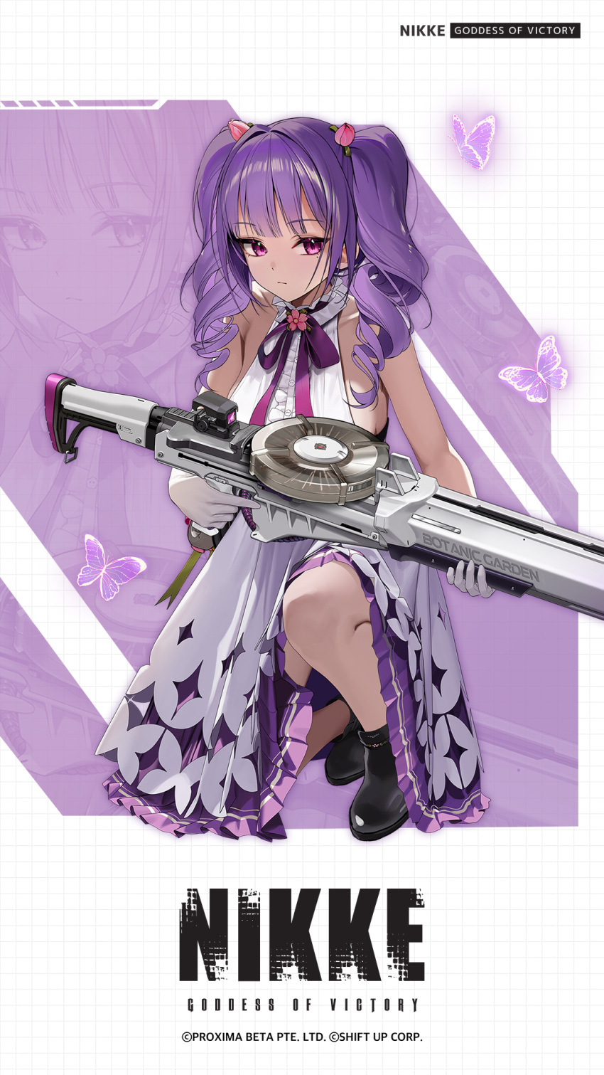 artist_request black_footwear breasts closed_mouth dress drill_hair english_commentary female flora_(nikke) flower full_body gloves goddess_of_victory:_nikke gun highres holding holding_gun holding_weapon large_breasts long_hair lotus_hair_ornament machine_gun official_art pink_eyes pink_flower purple_ribbon ribbon shoes sleeveless sleeveless_dress squatting twin_drills weapon white_dress white_gloves