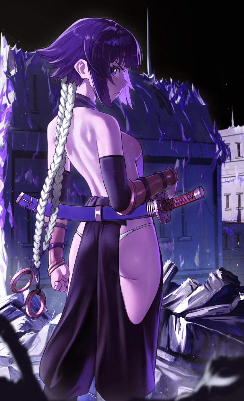 absurdres ass ass_peek backless_outfit bleach bleach:_sennen_kessen-hen breasts building destruction female from_behind highres panties purple_eyes purple_hair rubble sheath sheathed short_hair_with_long_locks sideboob small_breasts solo sui-feng sword underwear waligner weapon white_panties