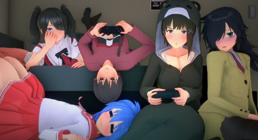 3d 5girls ame-chan bear_ears black_socks clothed controller crossover female female_focus female_only gaming hanging_out indoors koikatsu konata_izumi kuroki_tomoko lain_iwakura lucky_star madotsuki multiple_girls needy_girl_overdose onesie original pajamas school_uniform serial_experiments_lain sfw sleepover socks spidey-dude watashi_ga_motenai_no_wa_dou_kangaetemo_omaera_ga_warui! yume_nikki