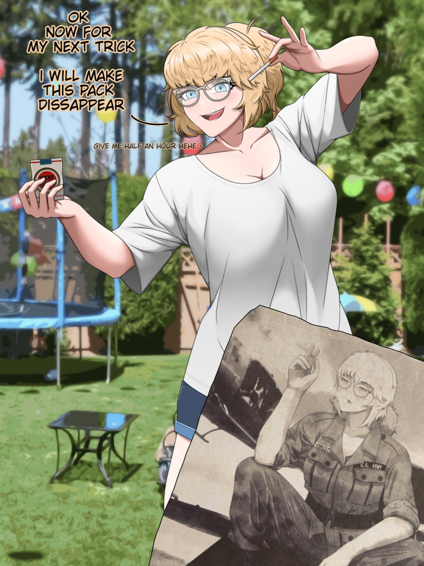 aircraft blonde_hair blue_eyes cigarette cigarette_pack female germany_oneesan_(meme) glasses helicopter highres holding holding_cigarette meme original playground real_life shirt shorts smoking solo uh-1_iroquois united_states_army victorsechs vietnam_war white_shirt