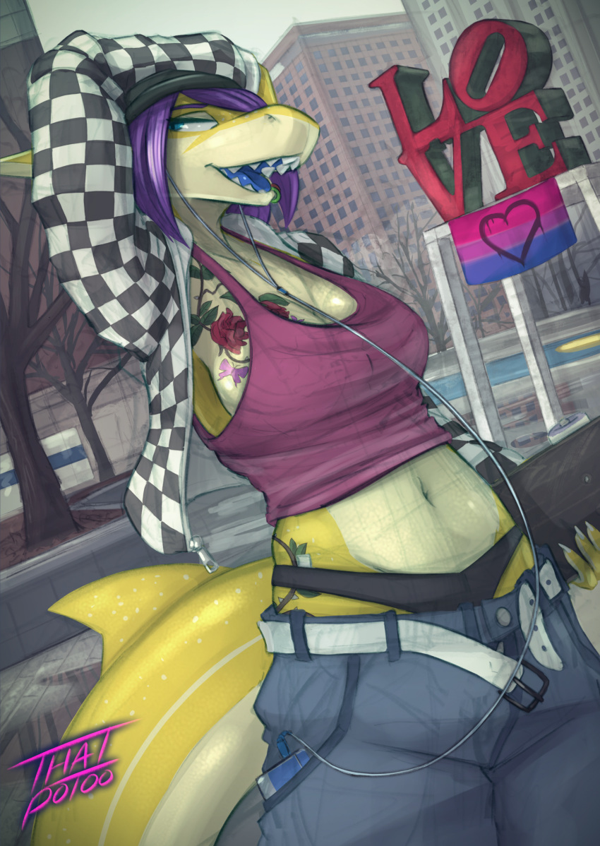 anthro beanie belt blue_tongue bottomwear breast_tattoo breasts building city clothed clothing electronics exa_(thatpotoo) female fin fish freckles hair hat headgear headphones headwear hi_res listening_to_music marine midriff open_belt open_mouth outside panties pants purple_hair shark sharp_teeth shirt solo tail tail_fin tank_top tattoo teeth thatpotoo thick_tail tomboy tongue topwear underwear yellow_body