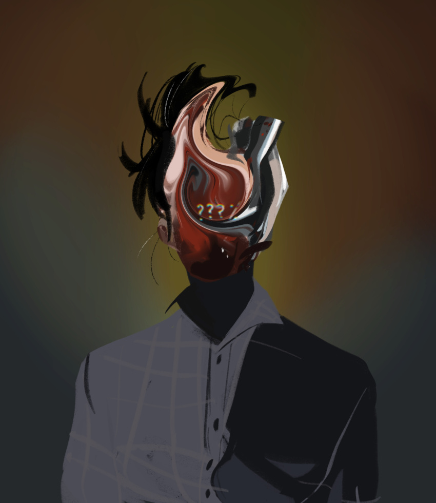 1boy ? anheng3ll black_hair blurry blurry_background commentary dress_shirt faceless faceless_male highres kageyama_shigeo mob_psycho_100 shirt short_hair solo surreal symbol-only_commentary