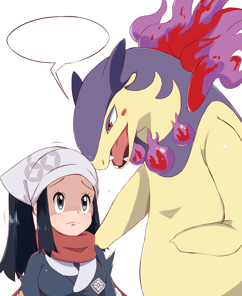 2024 2024_pokemon_gigaleak absurd_res akari_(pokemon) ambiguous_anthro ambiguous_gender anthro asian_clothing big_breasts black_eyebrows black_hair blue_clothing blue_kimono blush blush_stickers breasts clothed clothed_female clothed_human clothing colored_fire duo east_asian_clothing eyebrows eyelashes female female_human fire flaming_hair flaming_mane fur generation_8_pokemon grey_eyes hair hand_on_shoulder headgear headkerchief headwear hi_res hisuian_form hisuian_typhlosion human japanese_clothing kerchief kimono long_hair looking_up mammal mouth_closed multicolored_body multicolored_clothing multicolored_fur multicolored_kimono mustelid nintendo open_mouth pink_tongue pokemon pokemon_(species) ponytail pseudo_hair pseudo_mane purple_body purple_ears purple_fire purple_fur red_eyes red_scarf regional_form_(pokemon) scared scarf simple_background sombra222 speech_bubble tan_body tan_fur tongue two_tone_body two_tone_clothing two_tone_fur two_tone_kimono white_background white_clothing white_headkerchief white_kerchief white_kimono