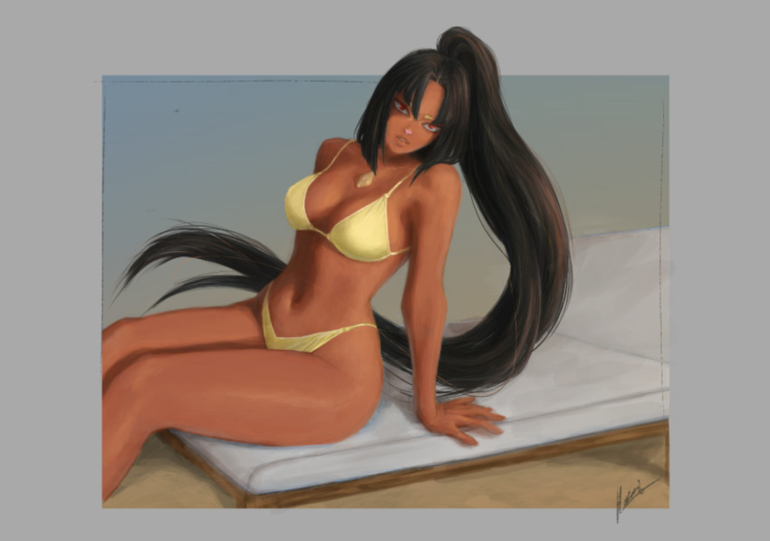 5_fingers anthro bikini breasts clothing digital_media_(artwork) digital_painting_(artwork) female fingers generation_3_pokemon generation_4_pokemon hair humanoid hybrid jazmin_(huf_13) lawn_chair leaning leaning_backward long_hair looking_at_viewer lopunny mawile nintendo pokemon pokemon_(species) rai_(artist) red_eyes solo solo_focus swimwear two-piece_swimsuit watermark yellow_bikini yellow_clothing yellow_swimwear