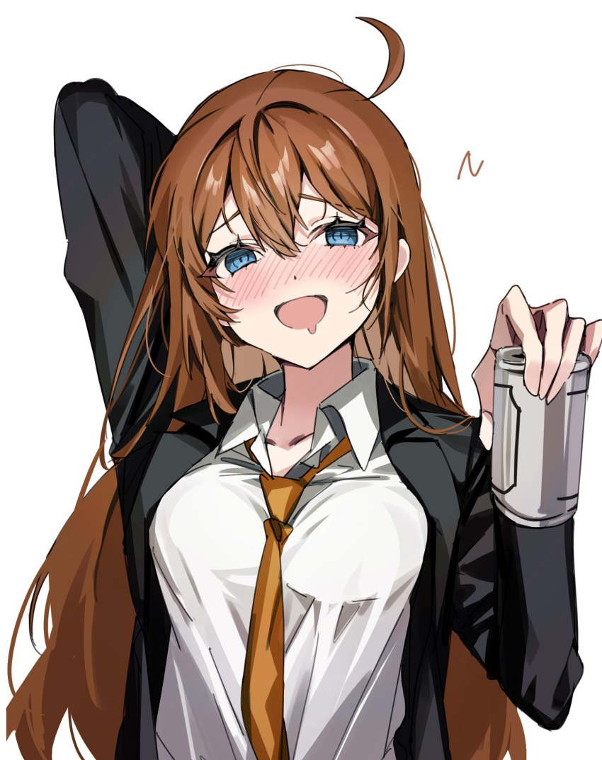 ahoge breasts brown_hair brown_necktie can collared_shirt drunk female hand_up highres hod_(project_moon) holding holding_can lobotomy_corporation long_hair long_sleeves looking_at_viewer medium_breasts mu46016419 necktie open_mouth personality_switch project_moon shirt smile solo very_long_hair white_shirt