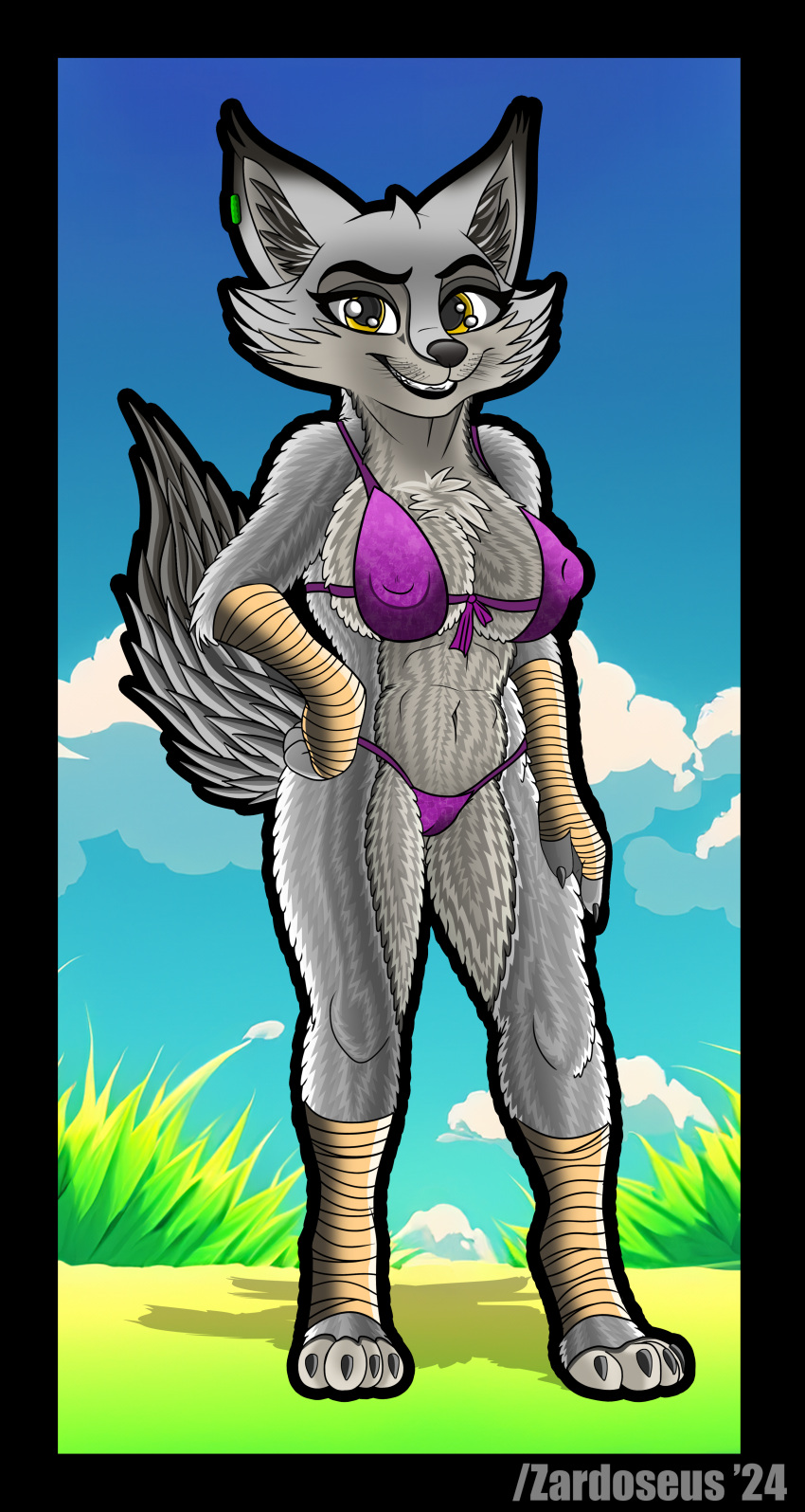 2024 absurd_res anthro ass big_breasts bikini breasts canid canine canis clothed clothing corsac_fox digital_media_(artwork) dreamworks female fox hi_res kung_fu_panda looking_at_viewer mammal simple_background swimwear tail true_fox two-piece_swimsuit zardoseus zhen_(kung_fu_panda)