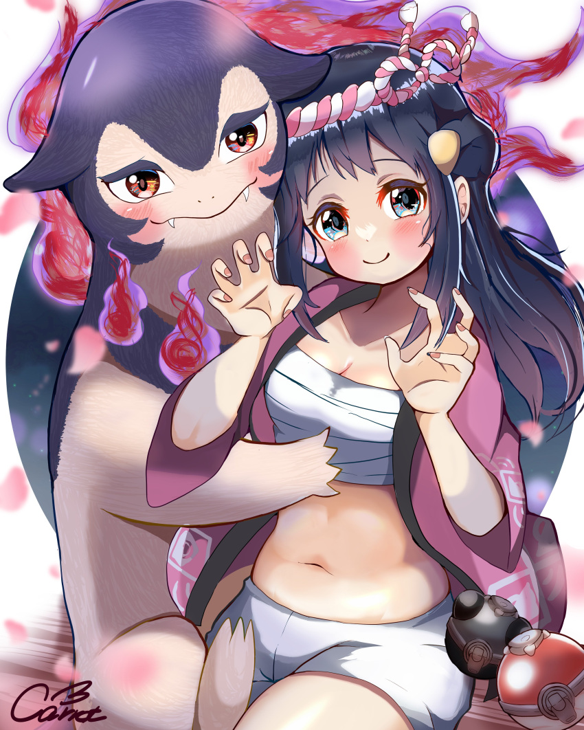 absurdres akari_(pokemon) artist_name black_hair blue_eyes blush breasts carrot_summer chest_sarashi claw_pose cleavage closed_mouth eyelashes female fingernails hachimaki hair_ornament half_updo hands_up haori headband highres hisuian_typhlosion japanese_clothes long_hair medium_breasts navel nejiri_hachimaki poke_ball poke_ball_(legends) pokemon pokemon_(creature) pokemon_legends:_arceus sarashi shorts smile white_shorts