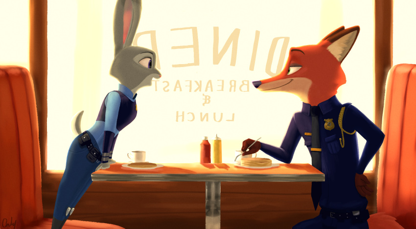 anthro beverage bottomwear brown_body brown_fur canid canine clothing cutlery disney duo english_text eye_contact eyebrows female fingers food fork fox fur green_eyes grey_body grey_fur hi_res inside judy_hopps kitchen_utensils lagomorph leporid long_ears looking_at_another male mammal multicolored_body multicolored_fur necktie nick_wilde onlyhasart open_mouth orange_body orange_fur pancake pants police police_uniform purple_eyes rabbit scut_tail short_tail signature standing tail tan_body tan_fur text tools topwear uniform zootopia