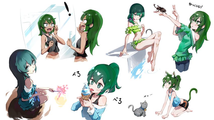 ! all_fours animal_ear_fluff animal_ears arm_support bare_shoulders barefoot beetle bikini black_shorts black_tank_top blue_shirt blue_tank_top bug cat_ears cat_girl cat_tail cropped_legs cropped_torso female fireworks food frilled_bikini frills full_body green_bikini green_eyes green_hair green_shirt grey_cat hair_down hand_up highres holding holding_fireworks holding_food holding_ice_cream ice_cream ice_cream_cone igarashi_futaba_(shiromanta) kemonomimi_mode licking long_hair looking_at_animal looking_at_mirror looking_at_viewer looking_back midriff mirror mo0o0rae multiple_views navel oerba_yun_fang open_mouth outstretched_arm parted_lips ponytail poolside reflection senpai_ga_uzai_kouhai_no_hanashi shirt shorts simple_background sitting sparkler surprised swimsuit tail tan tank_top tanlines tongue translation_request v water white_background