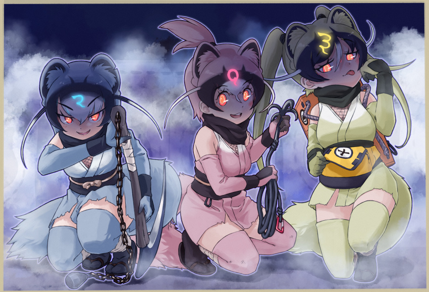 3girls :p absurdres animal_ears backpack bag bare_shoulders belt black_belt black_hair black_scarf black_socks blue_gloves blue_hair blue_kimono blue_thighhighs blush brown_footwear chains elbow_gloves extra_ears fanny_pack fishnet_top fishnets gloves glowing glowing_eyes grappling_hook green_gloves green_hair green_kimono green_thighhighs hair_between_eyes highres japanese_clothes kamaichi_(kemono_friends) kamaji_(kemono_friends) kamamitsu_(kemono_friends) kemono_friends kemono_friends_3 kimono matching_outfits multicolored_hair multiple_girls ninja obi open_mouth orange_eyes pink_gloves pink_hair pink_kimono pink_thighhighs sandals sash scarf scythe short_kimono sidelocks sleeveless smile socks squatting tail thighhighs tongue tongue_out toriny torn_clothes two-tone_kimono weasel_ears weasel_girl weasel_tail white_kimono