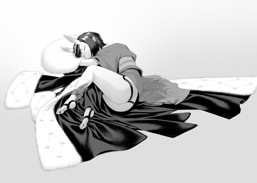 ass borrowed_clothes closed_eyes clothes_blanket coat commentary_request fate/grand_order fate_(series) female fetal_position full_body fur-trimmed_coat fur_trim greyscale horns hugging_object japanese_clothes kimono lying monochrome on_side oni petite shiromako short_eyebrows short_kimono shuten_douji_(fate) skin-covered_horns sleeping solo thong