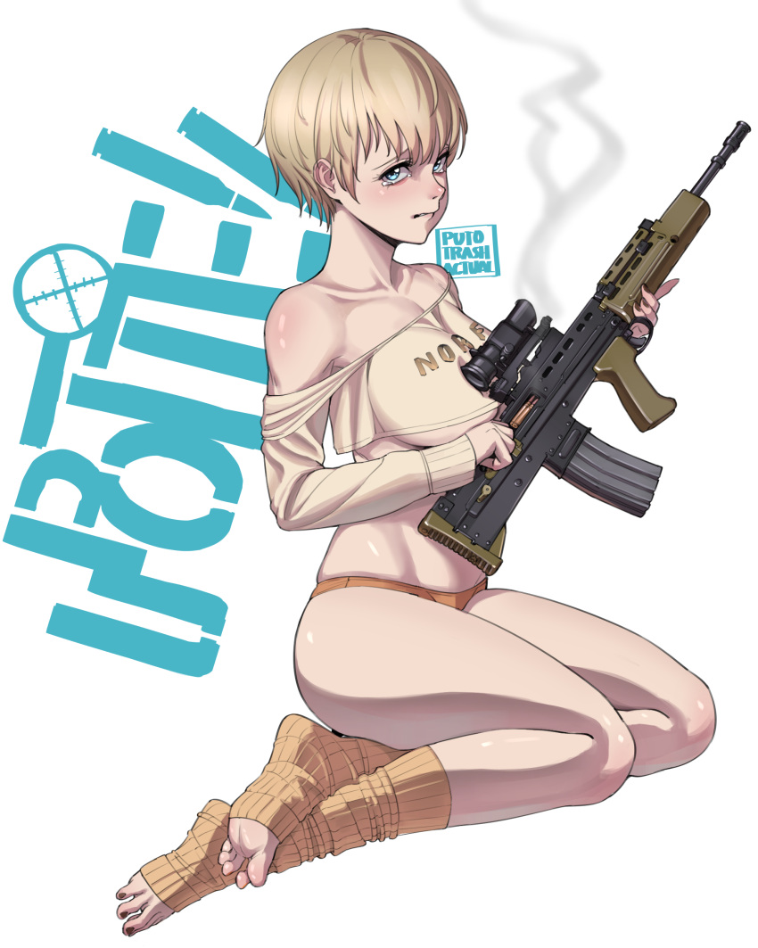 absurdres assault_rifle blonde_hair blue_eyes bullpup copyright_name crop_top female gun gun_malfunction highres kneeling l85 l85a1_(upotte!!) long_sleeves no_pants orange_panties panties puto_trash rifle scope short_hair smoke solo tears toeless_legwear underwear upotte!! weapon white_background