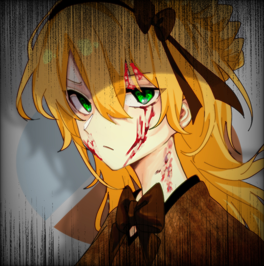 blonde_hair blood blood_on_face blood_on_neck bow bowtie braid brown_bow brown_bowtie brown_hairband brown_ribbon brown_sweater cable_knit chinese_commentary commentary_request crown_braid female green_eyes hair_between_eyes hair_ribbon hairband jiehaitangsha lobotomy_corporation long_hair parted_lips project_moon ribbon solo sweater tiphereth_a_(project_moon)