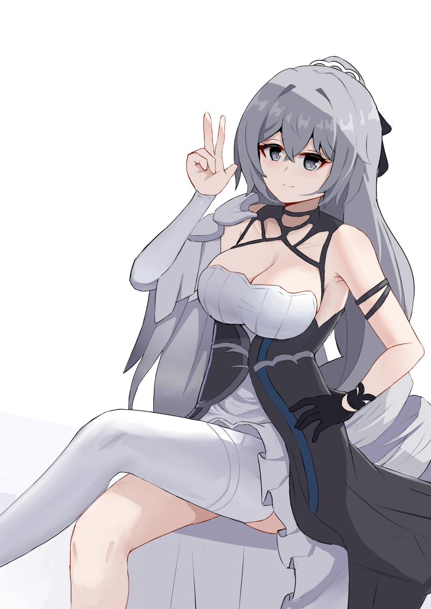 absurdres arm_strap bare_shoulders black_gloves bronya_zaychik dress feet_out_of_frame female gloves grey_eyes grey_hair hair_intakes hand_up highres honkai_(series) honkai_impact_3rd long_hair looking_at_viewer marin_liekuriva petticoat simple_background single_glove single_thighhigh sitting smile solo thighhighs very_long_hair w white_background white_thighhighs