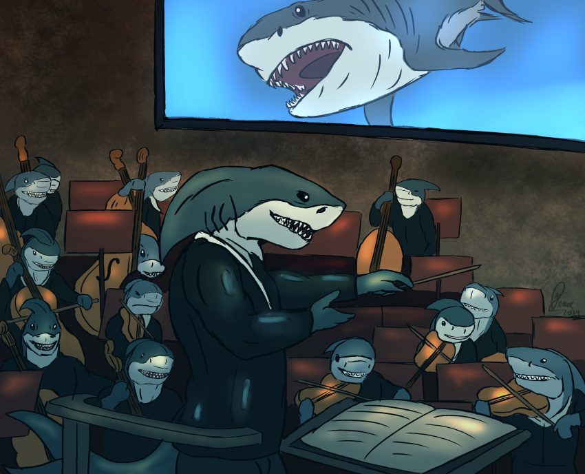 absurd_res ambiguous_gender anthro antiquatember black_tie_(suit) bowed_string_instrument cello clothing conductor fish group hi_res jaws_(film) mackerel_shark marine megalodon music musical_instrument orchestra prehistoric_species prompt shark string_instrument suit universal_studios violin violin_bow yenocwolf