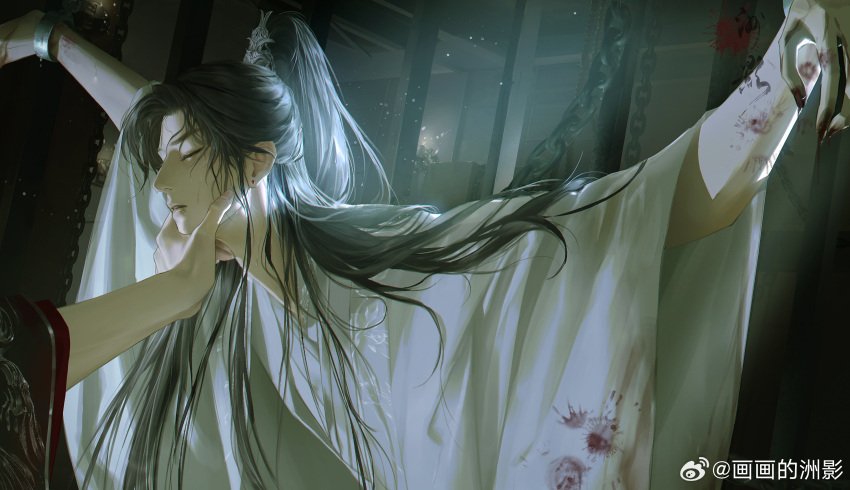 1boy black_hair black_robe blood blood_on_clothes blood_on_hands chained_wrists chains chinese_clothes chu_wanning closed_mouth curtained_hair earrings erha_he_tadebai_mao_shizun grabbing_another's_chin half_updo hand_on_another's_chin hanfu hanging high_ponytail highres indoors jewelry long_hair long_sleeves male_focus mo_ran out_of_frame parted_bangs parted_lips robe solo_focus stud_earrings sweat unconscious upper_body weibo_logo weibo_watermark white_robe wide_sleeves xiao_guan_(headdress) zhou_ying_na