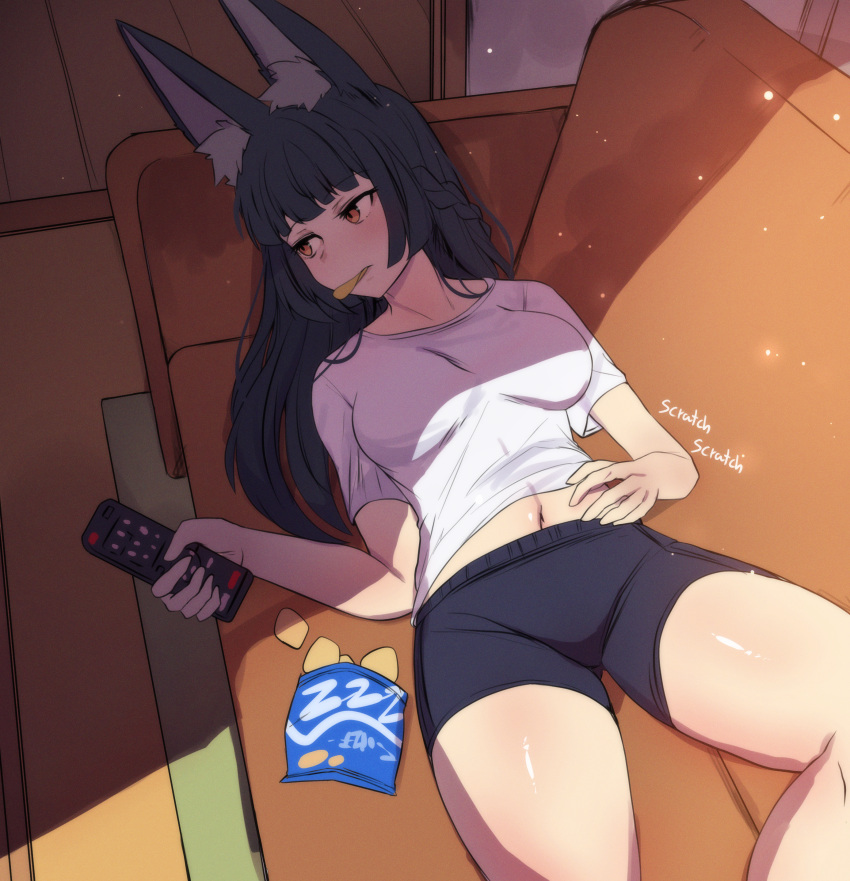 absurdres animal_ears bag_of_chips black_hair black_shorts braid breasts brown_eyes chips_(food) controller couch english_commentary female food fox_ears highres hinghoi holding holding_remote_control hoshimi_miyabi indoors long_hair lying medium_breasts midriff navel on_back potato_chips remote_control shirt short_shorts shorts solo thighs white_shirt zenless_zone_zero