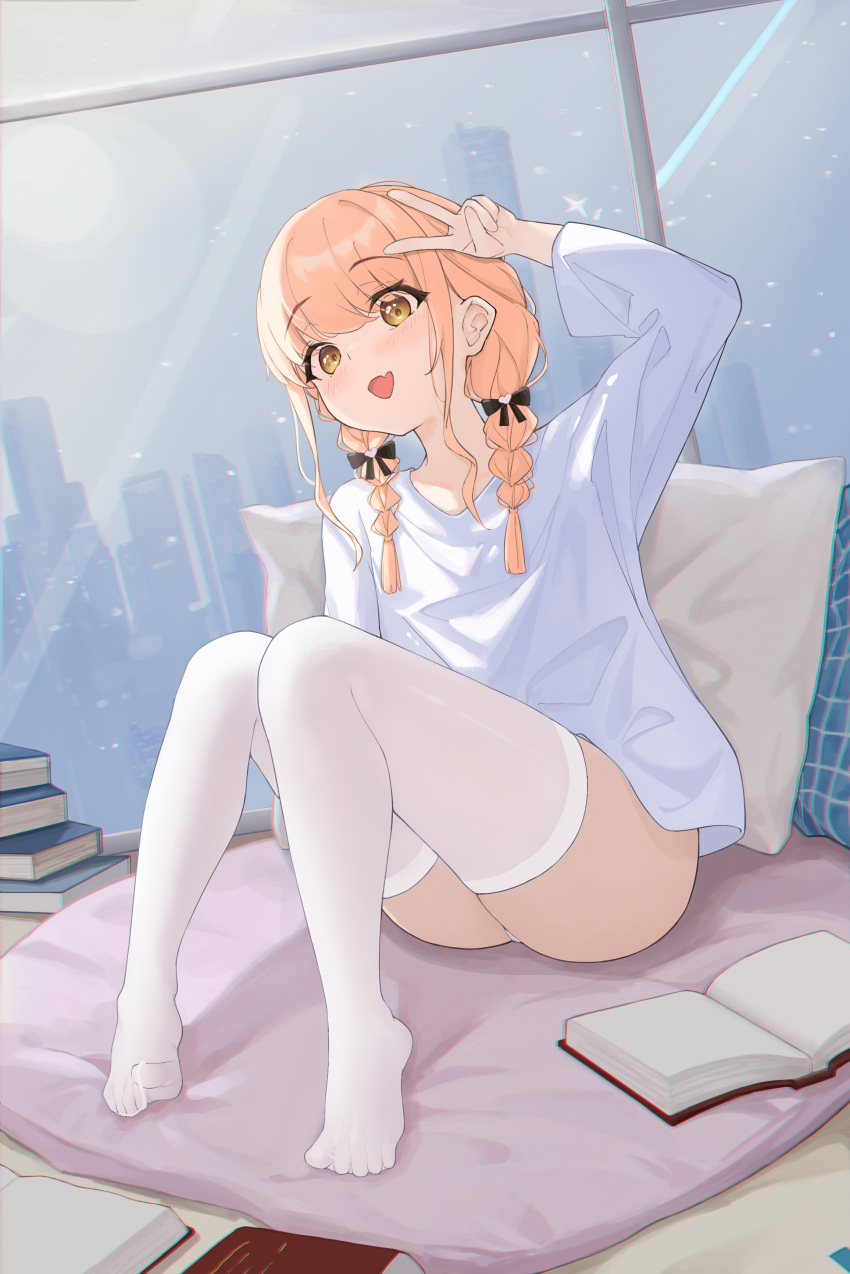 absurdres blonde_hair blush book book_stack braid female fujita_kotone gakuen_idolmaster highres idolmaster indoors knees_up long_sleeves naihe_(user_ufuj8225) no_pants panties panty_peek shirt sitting smile solo thighhighs toes twin_braids underwear v white_panties white_shirt white_thighhighs yellow_eyes