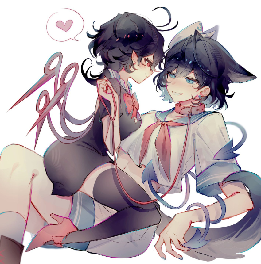 2girls anchor animal_collar animal_ears ascot asymmetrical_wings belt black_dress black_hair blue_wings blush bow bowtie breasts cat_ears cat_tail collar cowgirl_position dress green_eyes green_nails hat heart highres holding holding_leash houjuu_nue k0269323474256 kemonomimi_mode leash looking_at_another midriff multiple_girls murasa_minamitsu nail_polish pointy_ears red_ascot red_nails red_wings sailor sailor_collar sailor_hat shirt short_hair short_sleeves shorts simple_background smile spoken_heart tail touhou white_background wings wrist_cuffs yuri