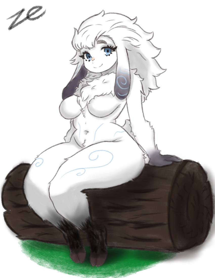 animal_ears blue_eyes breasts colored_skin female forest furry furry_female highres kindred_(league_of_legends) large_breasts league_of_legends long_hair looking_at_viewer monster monster_girl nature navel no_nipples solo tattoo white_fur white_hair white_skin zerhin