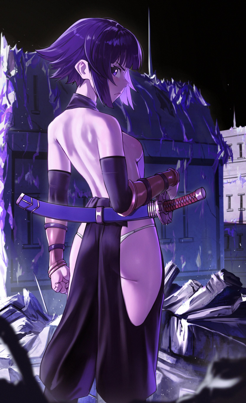 absurdres ass ass_peek backless_outfit bleach bleach:_sennen_kessen-hen breasts building destruction female from_behind highres panties purple_eyes purple_hair rubble sheath sheathed short_hair sideboob small_breasts solo sui-feng sword underwear waligner weapon white_panties