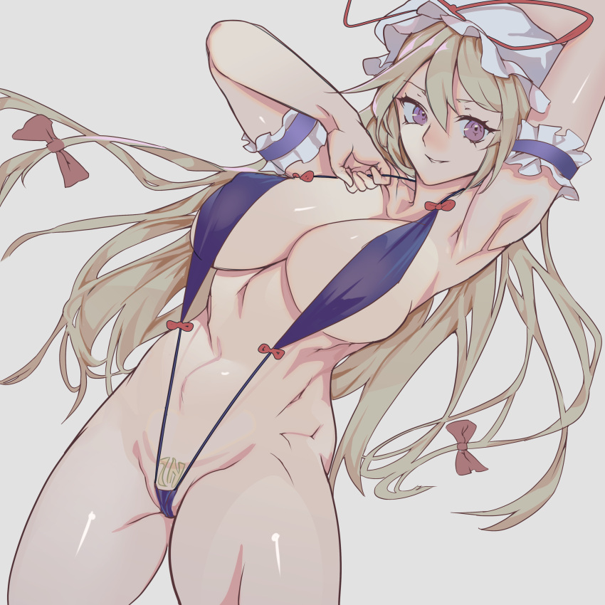 absurdres blonde_hair breasts ddenkikurage female hat highres large_breasts long_hair looking_at_viewer meme mob_cap navel purple_eyes sideboob slingshot_swimsuit swimsuit touhou white_background yakumo_yukari yukari's_gap_bikini_(meme)