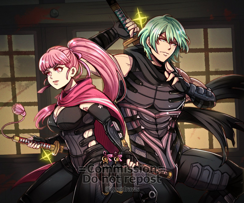 1boy alternate_costume alternate_hairstyle bare_shoulders black_bodysuit black_gloves black_scarf body_armor bodysuit breasts byleth_(fire_emblem) byleth_(male)_(fire_emblem) cleavage commentary cosplay drawing_sword english_commentary female fingerless_gloves fire_emblem fire_emblem:_three_houses gloves green_eyes green_hair gzei hair_ribbon highres hilda_valentine_goneril holding holding_sword holding_weapon large_breasts long_hair ninja_gaiden official_alternate_eye_color official_alternate_hair_color pink_eyes pink_hair pink_scarf ponytail ribbon ryu_hayabusa ryu_hayabusa_(cosplay) scarf sword sword_behind_back weapon