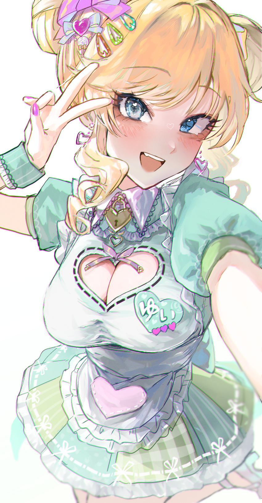 alternate_hairstyle apron blonde_hair blue_eyes blurry blush bow breasts brooch cleavage_cutout clothing_cutout depth_of_field double_bun dress earrings female frilled_apron frills fujima_(k114) green_dress green_footwear green_wrist_cuffs hair_bun hair_ornament hair_ribbon hairbow hairclip hand_up heart heart_brooch heart_cutout heart_earrings high_heels highres idolmaster idolmaster_cinderella_girls idolmaster_cinderella_girls_starlight_stage jewelry large_breasts long_hair looking_at_viewer miniskirt nail_polish name_tag ohtsuki_yui open_mouth pink_nails puffy_short_sleeves puffy_sleeves purple_ribbon ribbon short_sleeves simple_background skirt smile solo standing standing_on_one_leg teeth upper_teeth_only v waist_apron wavy_hair white_apron white_background white_ribbon wrist_cuffs