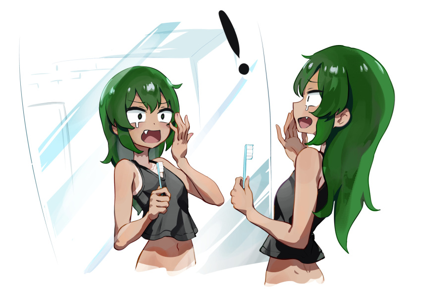 ! bare_arms bare_shoulders bikini_tan black_tank_top commentary_request cropped_torso female green_hair hair_down hand_up highres holding holding_toothbrush igarashi_futaba_(shiromanta) long_hair looking_at_mirror midriff mirror mo0o0rae navel oerba_yun_fang reflection senpai_ga_uzai_kouhai_no_hanashi simple_background single_tear solo surprised tan tank_top tanlines toothbrush white_background