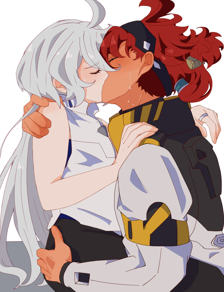 2girls absurdres ahoge asticassia_school_uniform bare_shoulders blush closed_eyes commentary_request couple dark_skin from_side grey_hair gundam gundam_suisei_no_majo hair_ornament hand_on_another's_shoulder highres jacket jewelry kaede_(soul-red-7) kissing long_hair long_sleeves miorine_rembran multiple_girls ponytail red_hair ring school_uniform shirt sitting sitting_on_lap sitting_on_person sleeveless straddling suletta_mercury sweat translation_request upper_body very_long_hair wedding_ring white_background wife_and_wife yuri