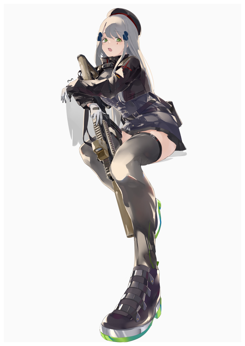 absurdres beret black_hat black_jacket female full_body girls'_frontline gloves green_eyes grey_hair gun hair_ornament hat highres hk416_(girls'_frontline) holding holding_gun holding_weapon jacket long_hair looking_at_viewer open_mouth rifle sitting solo sutekina_awa teardrop teardrop_facial_mark thighhighs weapon white_background