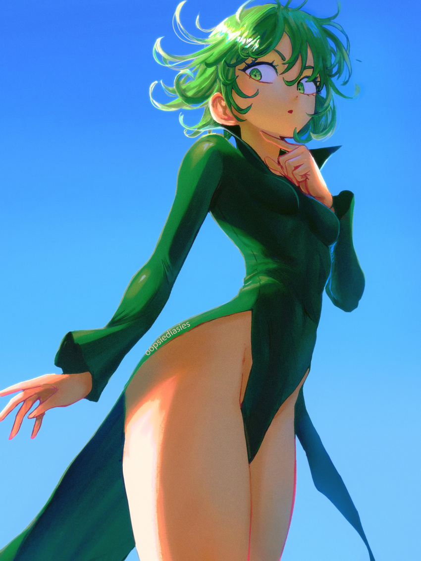 absurdres black_dress blue_sky breasts colorized curly_hair derivative_work dress female flipped_hair floating green_eyes green_hair highres levitation long_sleeves looking_down murata_yuusuke no_panties one-punch_man oopsiediasies petite psychic short_hair side_slit sky small_breasts solo tatsumaki thighs third-party_edit