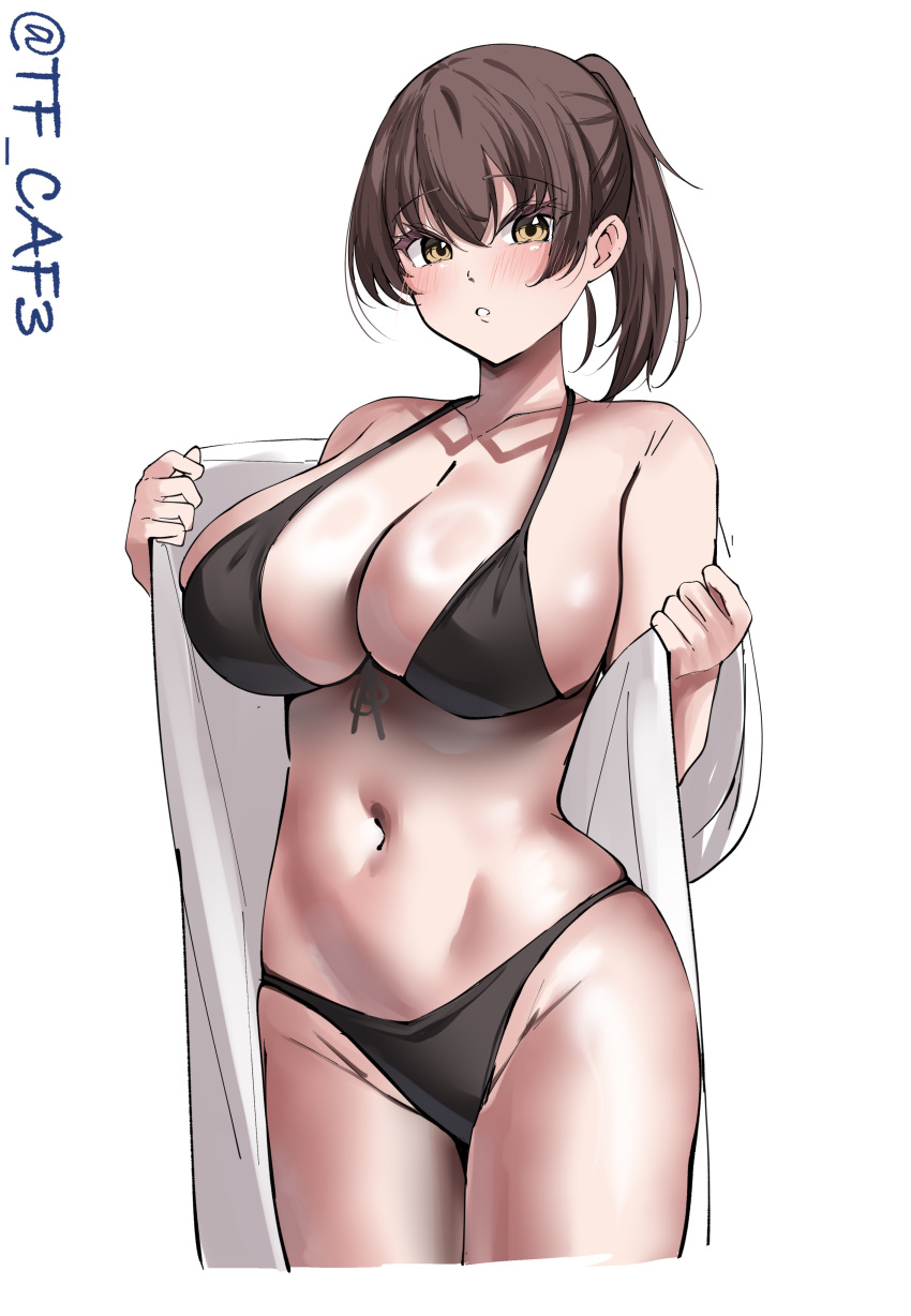 absurdres bare_shoulders bikini black_bikini blush breasts brown_eyes brown_hair collarbone commentary_request cropped_legs female hair_between_eyes highres kaga_(kancolle) kantai_collection large_breasts looking_at_viewer medium_hair navel one-hour_drawing_challenge open_clothes parted_lips simple_background skindentation solo stomach swimsuit tf_cafe thighs twitter_username white_background wide_sleeves