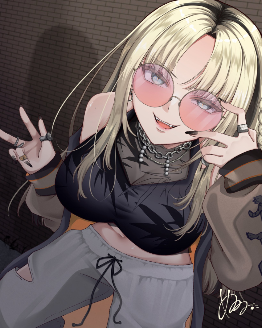 black_hair black_nails blonde_hair breasts chain_necklace chains cleavage clothing_cutout earrings female grey_pants highres hololive jewelry koganei_niko large_breasts long_hair long_sleeves mole mole_on_shoulder multicolored_hair multiple_rings navel necklace necoma_nuru_(artist) pants pink-tinted_eyewear ring round_eyewear see-through_cleavage see-through_clothes shadow signature solo streaked_hair sunglasses tinted_eyewear virtual_youtuber