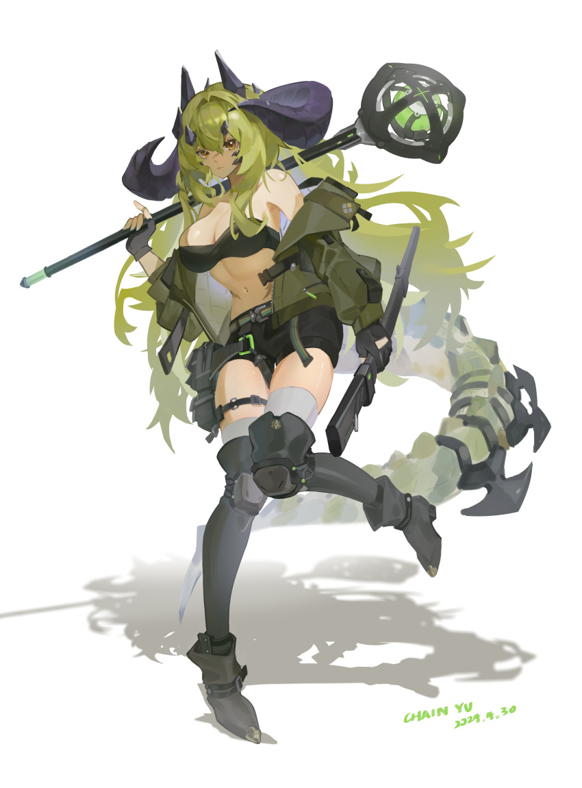 absurdres arknights breasts brown_eyes chain_yu cleavage crocodilian_tail dragon_horns estelle_(arknights) female fingerless_gloves full_body gloves green_eyes green_hair gun hair_between_eyes highres horns large_breasts long_hair long_sleeves looking_at_viewer rifle shorts simple_background solo tail very_long_hair weapon