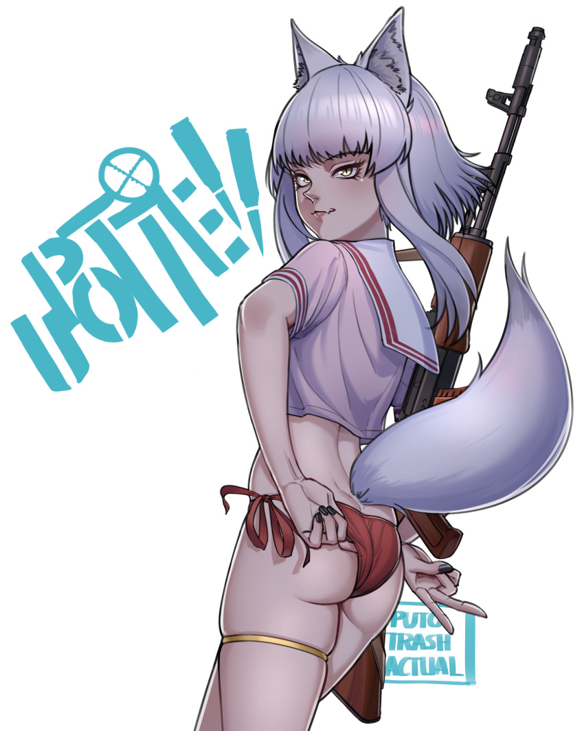 absurdres adjusting_clothes adjusting_swimsuit ak-74 ak-74_(upotte!!) animal_ear_fluff animal_ears artist_name ass assault_rifle back bikini black_nails copyright_name cowboy_shot crop_top crosshair female fox_ears fox_girl fox_tail from_behind gun gun_on_back highres jewelry kalashnikov_rifle light_smile logo looking_at_viewer looking_back medium_hair nail_polish no_pants puto_trash red_bikini rifle sailor_collar sailor_shirt school_uniform shirt side-tie_bikini_bottom sidelocks simple_background skindentation slit_pupils solo standing swimsuit tail thighlet upotte!! v weapon weapon_on_back white_background white_hair white_tail yellow_eyes