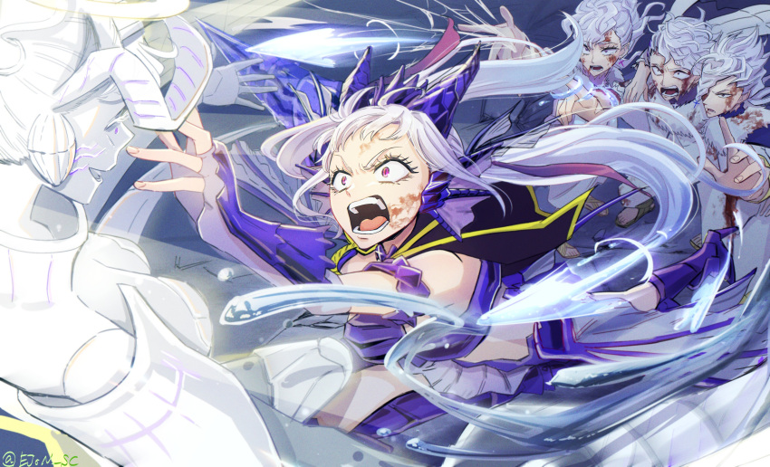 2boys 3girls absurdres angry armor black_capelet black_clover blue_armor blue_horns capelet dragon_horns ejon_sc family fighting grey_hair hair_ribbon highres horns multiple_boys multiple_girls nebra_silva noelle_silva nozel_silva open_mouth pink_eyes ribbon siblings solid_silva twintails twitter_username