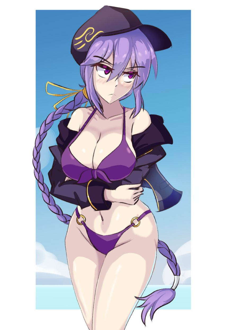 aohadapeach arms_under_breasts bare_shoulders beach beret bikini black_skirt blue_sky blush braid breasts cloud crossed_arms eltnum_(under_night_in-birth) female hat highres large_breasts long_hair melty_blood o-ring o-ring_bottom purple_bikini purple_eyes purple_hair shirt sideboob sidelocks single_braid sion_eltnam_atlasia skirt sky solo swimsuit tsukihime under_night_in-birth very_long_hair