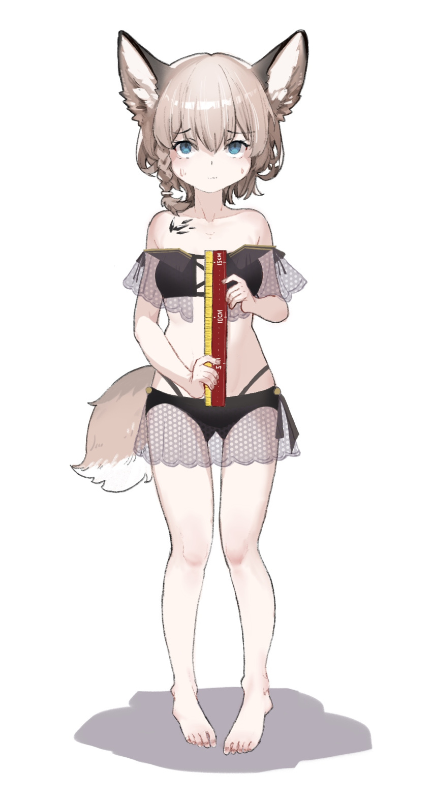 animal_ear_fluff animal_ears arknights bare_shoulders barefoot bikini blue_eyes braid chinese_commentary commentary_request female fox_ears fox_girl fox_tail full_body grey_hair hair_between_eyes highres holding_ruler looking_at_viewer material_growth ningmeng_chamao off-shoulder_bikini off_shoulder oripathy_lesion_(arknights) ruler see-through_clothes short_hair short_twintails side_braid solo standing sussurro_(arknights) sussurro_(summer_flower)_(arknights) sweatdrop swimsuit tail twintails white_background