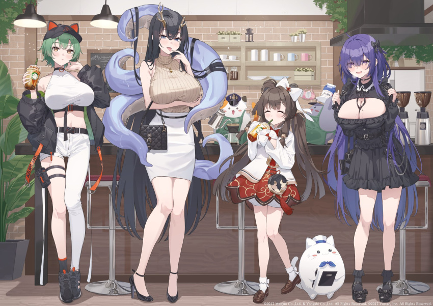 4girls admiral_nakhimov_(azur_lane) ahoge animal_ears anklet antlers azur_lane bar_stool bare_shoulders baseball_cap belt black_bag black_belt black_bow black_choker black_dress black_footwear black_hair black_hat black_jacket black_socks bloomers blue_eyes blush bow breasts brown_eyes brown_footwear brown_hair brown_sweater center_opening choker cleavage_cutout closed_eyes clothing_cutout coffee_maker cup double_bun dress drinking drinking_straw espresso_machine fake_animal_ears finger_to_tongue frilled_dress frills golden_hind_(azur_lane) green_hair hair_bun hairbow hat high_heels highres holding holding_cup horns indoors jacket jewelry large_breasts loafers long_hair meowfficer_(azur_lane) mogador_(azur_lane) multiple_girls navel necklace o-ring o-ring_choker off_shoulder official_art open_mouth pants pouch purple_eyes purple_hair red_dress sg_(satoumogumogu) shirt shoes short_hair skirt sleeveless sleeveless_sweater sneakers socks stool sweater tentacle thigh_pouch thigh_strap tongue tongue_out very_long_hair white_bloomers white_jacket white_pants white_shirt white_skirt white_socks zuihou_(kancolle)