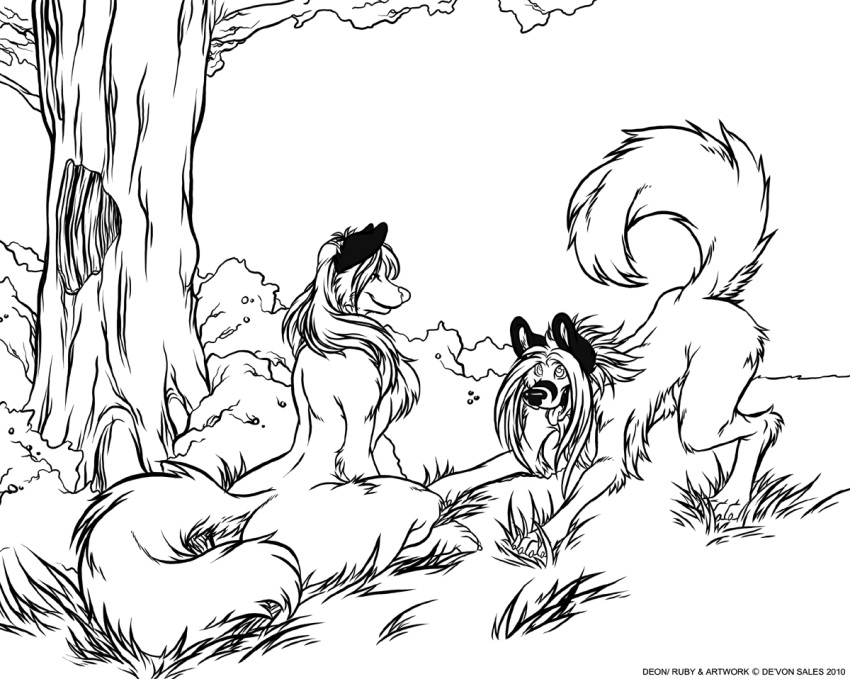 2010 canid canine canis deon_(deonwolf) deonwolf digital_media_(artwork) duo female feral fox fur grass hair line_art male mammal monochrome plant ruby_(deonwolf) shrub sitting tongue tongue_out tree wolf