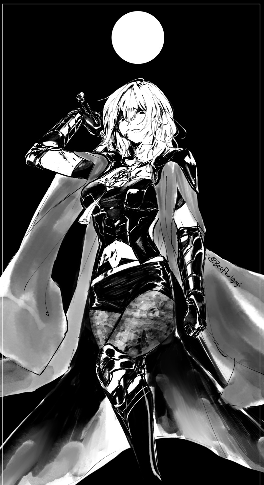 blood breasts bustier byleth_(female)_(fire_emblem) byleth_(fire_emblem) cleavage closed_mouth coat female fire_emblem fire_emblem:_three_houses fire_emblem_warriors:_three_hopes greyscale hair_ornament highres large_breasts long_hair looking_at_viewer monochrome moon navel pantyhose shorts simple_background solo sword tofucakes weapon