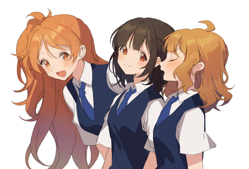 3girls :d absurdres aged_up ahoge blue_vest blunt_bangs blush hano9789 highres idolmaster idolmaster_million_live! korean_commentary looking_at_another multiple_girls nakatani_iku necktie ogami_tamaki one_side_up orange_hair school_uniform shirt short_hair short_sleeves simple_background smile summer_uniform_series_(idolmaster) suou_momoko tint_me_(idolmaster) upper_body vest wavy_hair white_background white_shirt