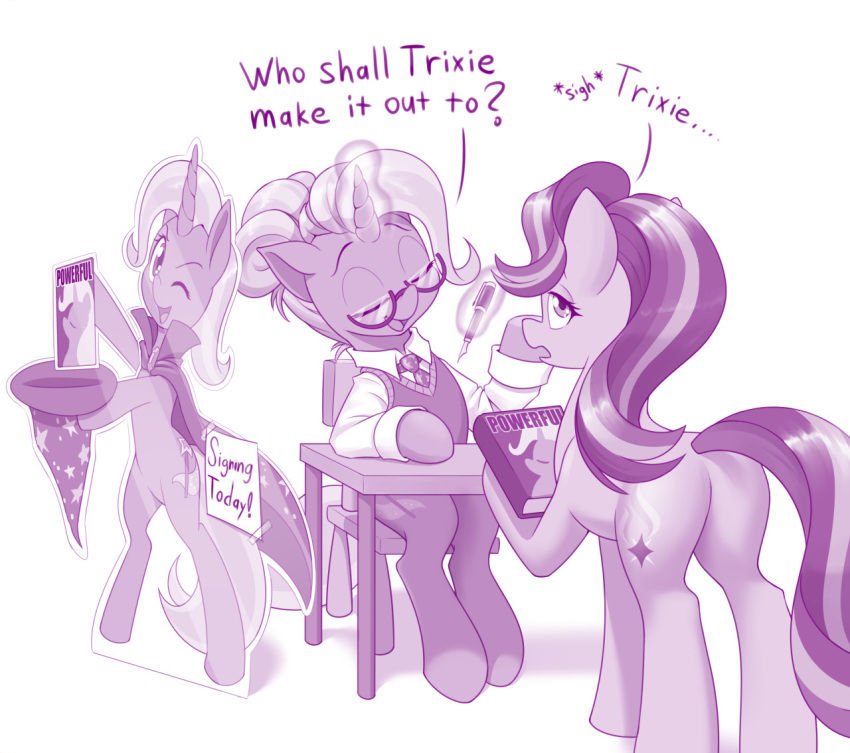 book cardboard_cutout clothing dialogue dstears duo english_text equid eyewear female fountain_pen friendship_is_magic furniture glasses horn mammal my_little_pony pen sitting starlight_glimmer_(mlp) table text trixie_(mlp) unicorn