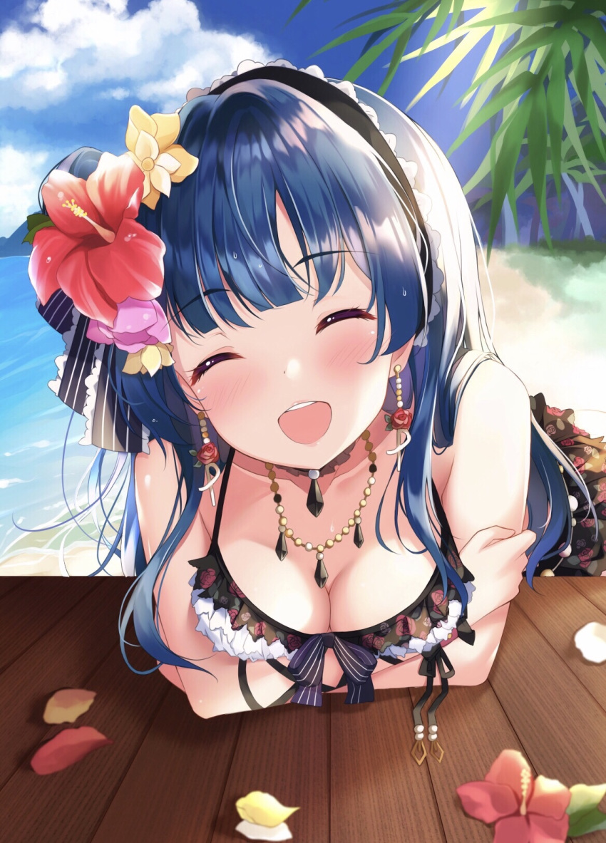 :d bare_arms beach bikini bikini_skirt blue_hair blue_sky blunt_bangs blush breast_press breasts closed_eyes cloud dark_blue_hair day depe earrings female floral_print flower flower_earrings front-tie_bikini_top front-tie_top hair_bun hair_flower hair_ornament hair_ribbon headdress highres jewelry leaf leaning_on_table long_hair love_live! love_live!_sunshine!! medium_breasts necklace ocean open_mouth outdoors red_flower ribbon sand single_side_bun sky smile solo swimsuit table teeth tsushima_yoshiko upper_teeth_only water yellow_flower