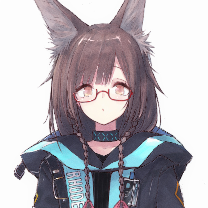 :o animal_ear_fluff animal_ears arknights black_jacket braid brown_eyes brown_hair buran_(kure) collar collarbone commentary commission female glasses grey_background hair_over_shoulder highres hood hood_down hooded_jacket id_card infection_monitor_(arknights) jacket long_hair original pixiv_commission red-framed_eyewear semi-rimless_eyewear sharuru simple_background solo twin_braids under-rim_eyewear upper_body