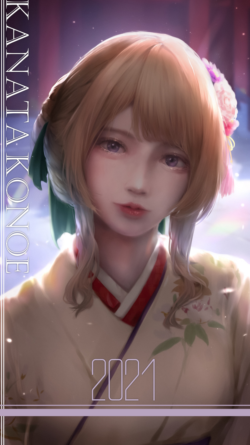 2021 absurdres brown_hair character_name commentary_request female floral_print flower hair_bun hair_flower hair_ornament head_tilt highres japanese_clothes kimono konoe_kanata light_particles looking_at_viewer love_live! love_live!_nijigasaki_high_school_idol_club md5_mismatch nose purple_eyes red_lips single_hair_bun solo tanaka212 upper_body white_kimono