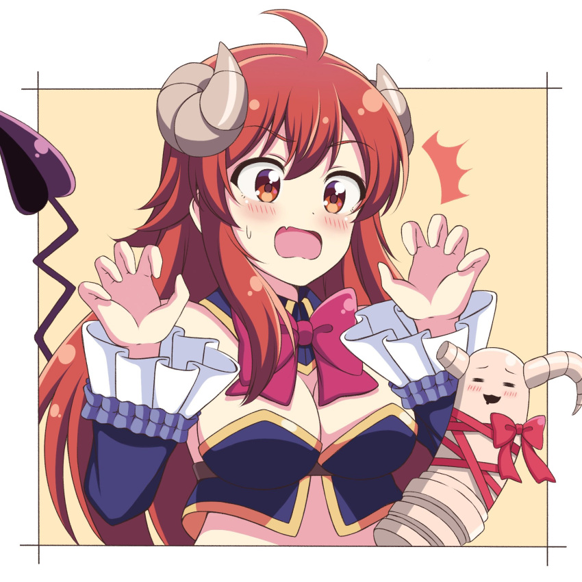 :d =_= ^^^ ahoge bad_id bad_twitter_id bare_shoulders blue_collar blue_sleeves blush bow bowtie breasts broken_horn brown_eyes brown_hair cleavage collar commentary_request crisis_management_form_(machimazo) curled_horns demon_girl demon_horns demon_tail detached_collar detached_sleeves female frilled_sleeves frills hair_between_eyes highres horns large_breasts long_hair long_sleeves looking_at_another looking_to_the_side machikado_mazoku oerba_yun_fang open_mouth purple_bow purple_bowtie red_bow red_ribbon ribbon simple_background skin_fang smile sweatdrop tail tail_raised upper_body very_long_hair wavy_mouth yellow_background yoshida_yuuko_(machikado_mazoku) zeta_(24904340)